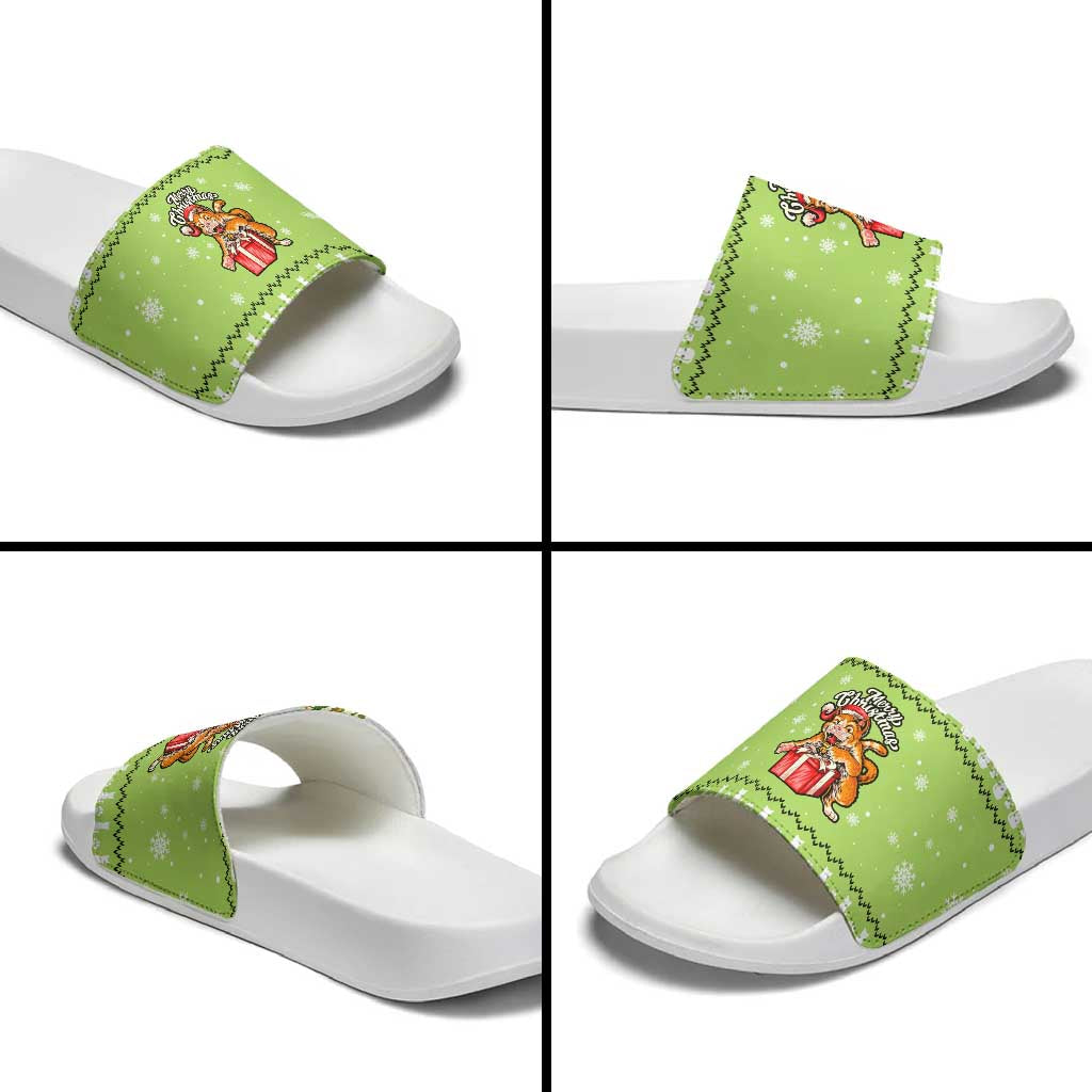Funny Cat Merry Christmas Slide Sandals Xmas Holiday Patterns - Wonder Print Shop