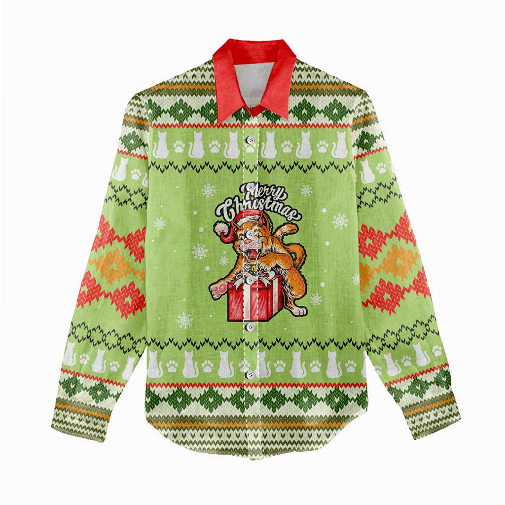 Funny Cat Merry Christmas Women Casual Shirt Xmas Holiday Patterns - Wonder Print Shop