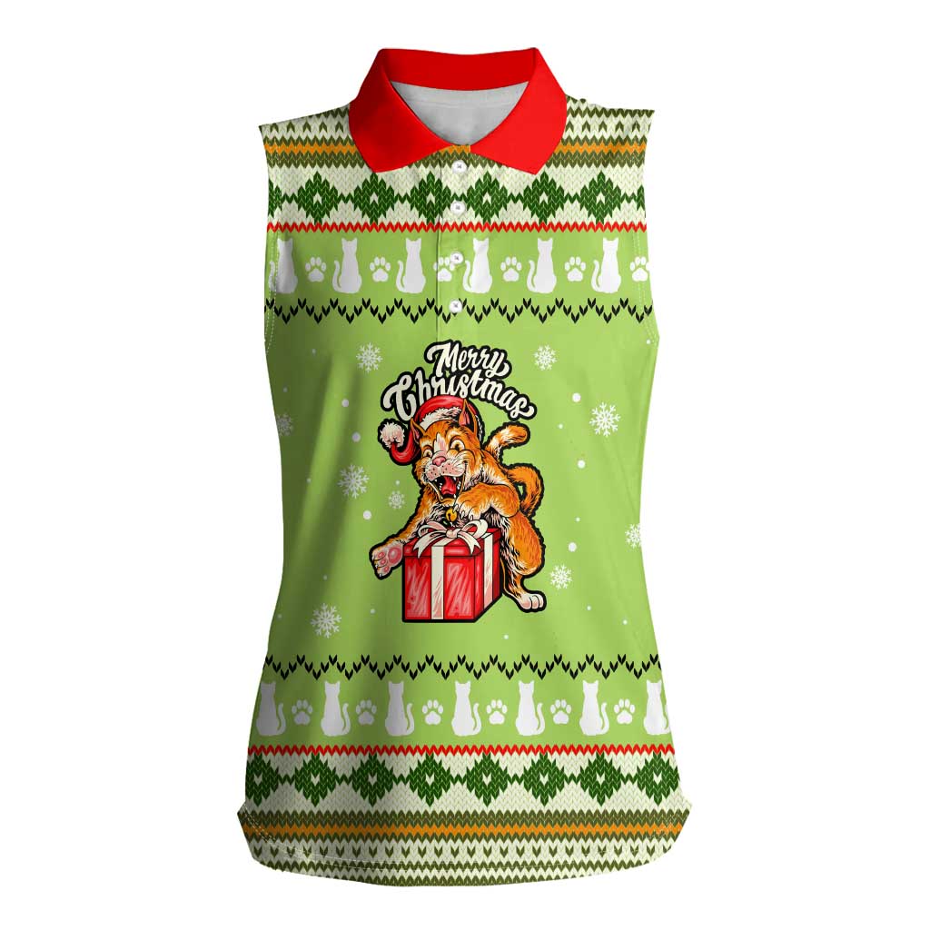 Funny Cat Merry Christmas Women Sleeveless Polo Shirt Xmas Holiday Patterns - Wonder Print Shop