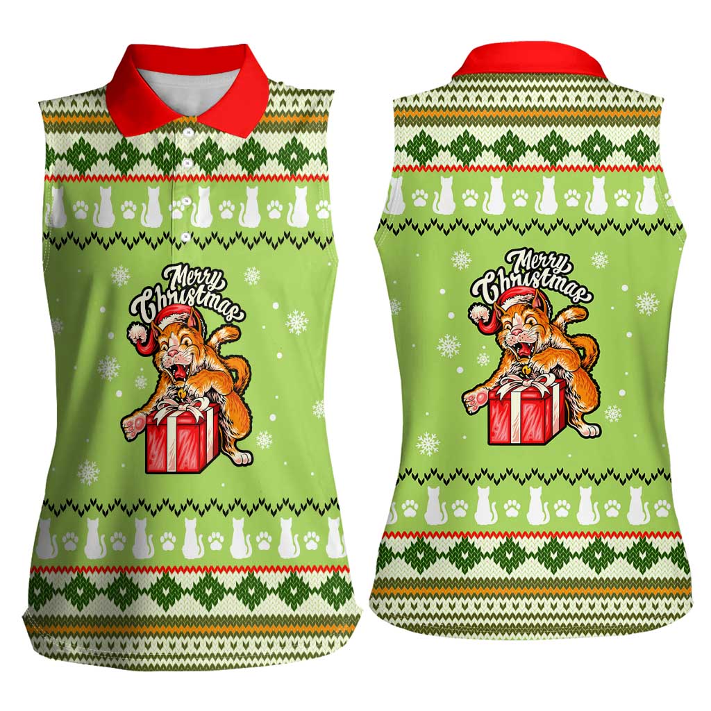 Funny Cat Merry Christmas Women Sleeveless Polo Shirt Xmas Holiday Patterns - Wonder Print Shop