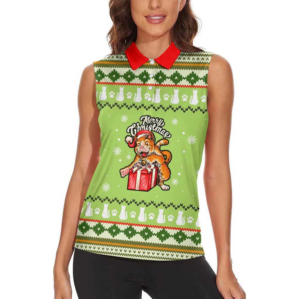 Funny Cat Merry Christmas Women Sleeveless Polo Shirt Xmas Holiday Patterns - Wonder Print Shop
