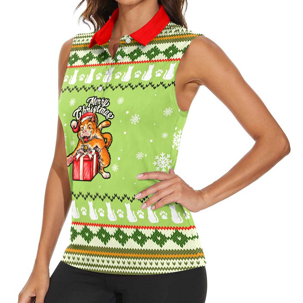 Funny Cat Merry Christmas Women Sleeveless Polo Shirt Xmas Holiday Patterns - Wonder Print Shop