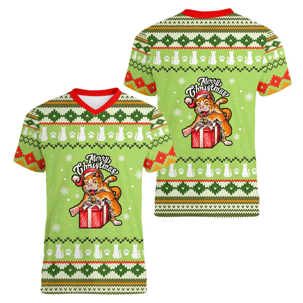 Funny Cat Merry Christmas Women V-Neck T-Shirt Xmas Holiday Patterns - Wonder Print Shop