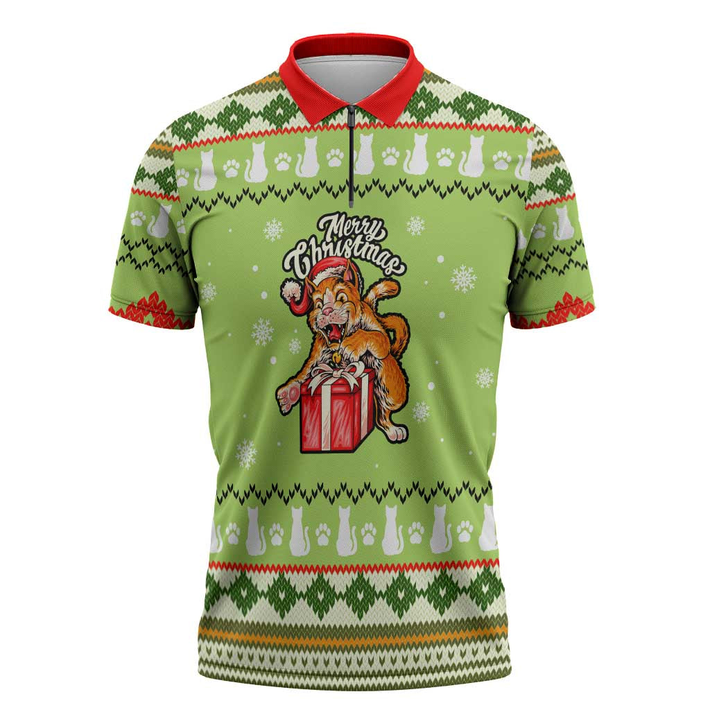 Funny Cat Merry Christmas Zipper Polo Shirt Xmas Holiday Patterns - Wonder Print Shop