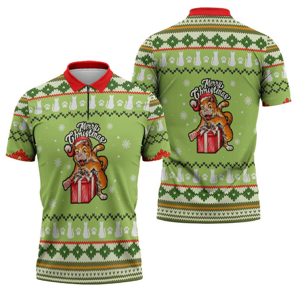 Funny Cat Merry Christmas Zipper Polo Shirt Xmas Holiday Patterns - Wonder Print Shop