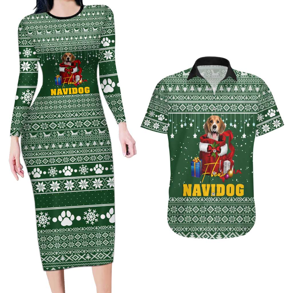 Funny Christmas Gift Beagle Christmas Couples Matching Long Sleeve Bodycon Dress and Hawaiian Shirt Xmas Holiday Patterns - Wonder Print Shop