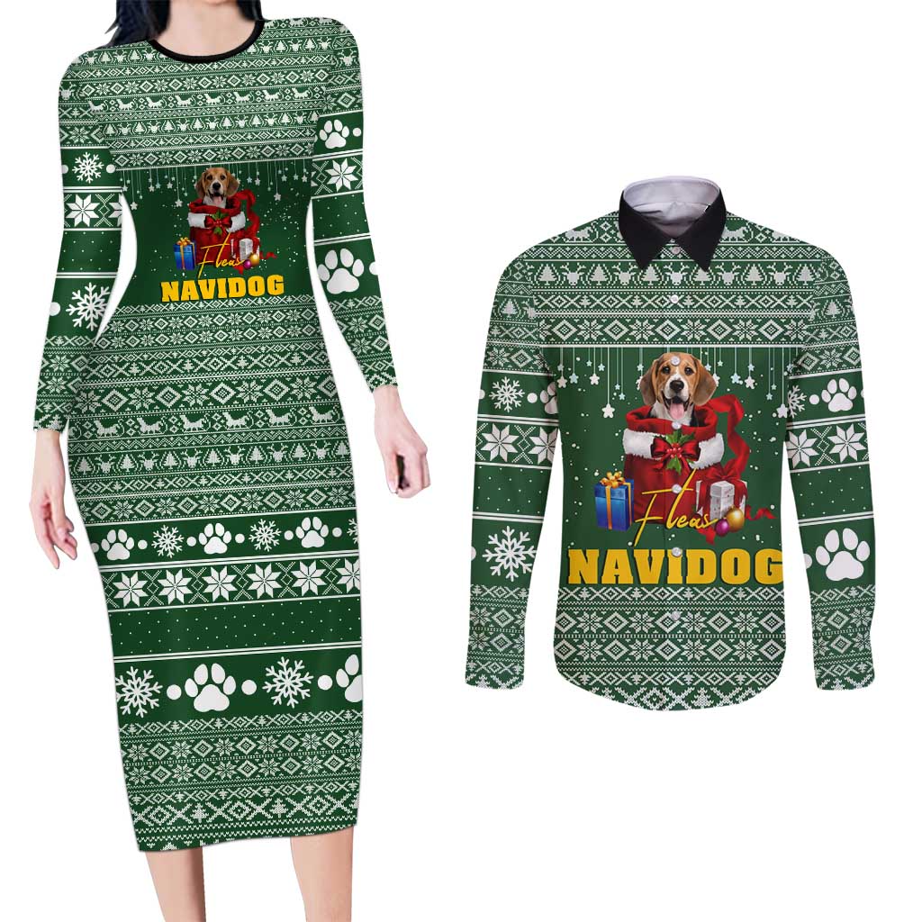 Funny Christmas Gift Beagle Christmas Couples Matching Long Sleeve Bodycon Dress and Long Sleeve Button Shirt Xmas Holiday Patterns - Wonder Print Shop