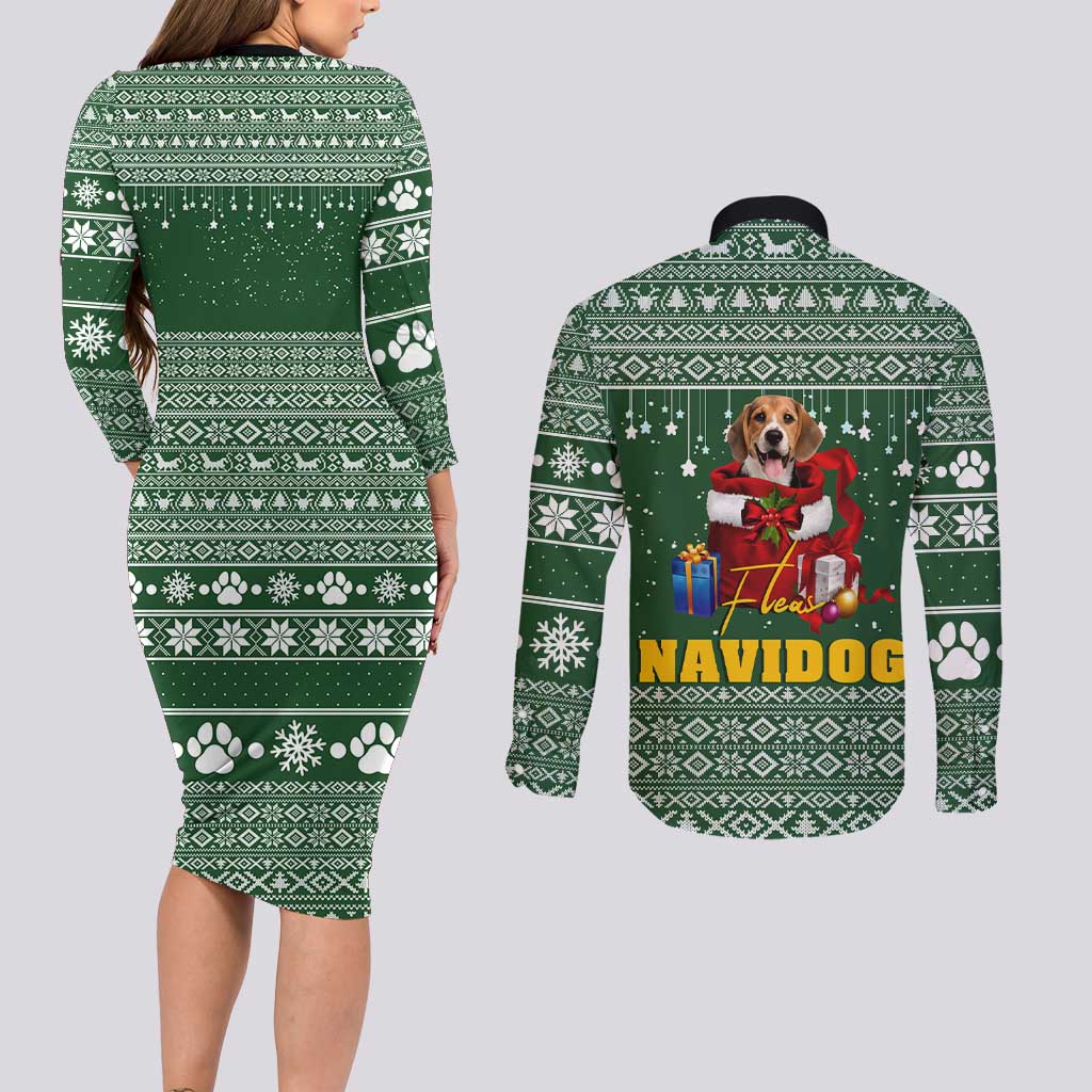 Funny Christmas Gift Beagle Christmas Couples Matching Long Sleeve Bodycon Dress and Long Sleeve Button Shirt Xmas Holiday Patterns - Wonder Print Shop
