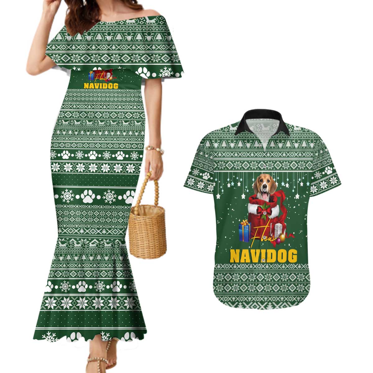 Funny Christmas Gift Beagle Christmas Couples Matching Mermaid Dress and Hawaiian Shirt Xmas Holiday Patterns - Wonder Print Shop