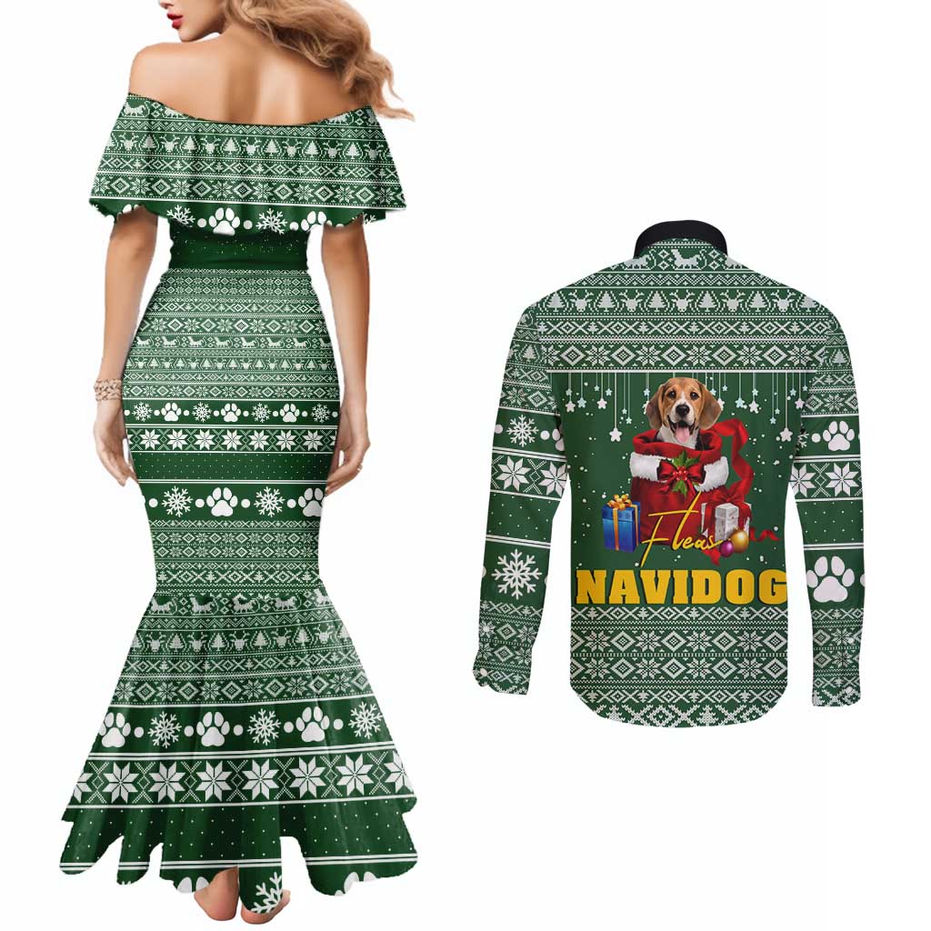 Funny Christmas Gift Beagle Christmas Couples Matching Mermaid Dress and Long Sleeve Button Shirt Xmas Holiday Patterns - Wonder Print Shop