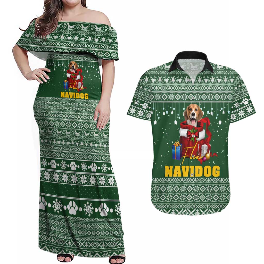Funny Christmas Gift Beagle Christmas Couples Matching Off Shoulder Maxi Dress and Hawaiian Shirt Xmas Holiday Patterns - Wonder Print Shop