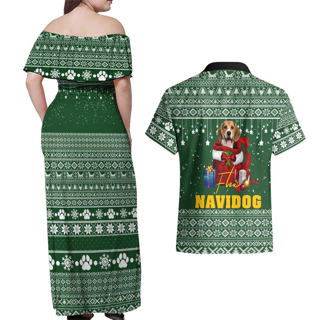 Funny Christmas Gift Beagle Christmas Couples Matching Off Shoulder Maxi Dress and Hawaiian Shirt Xmas Holiday Patterns - Wonder Print Shop