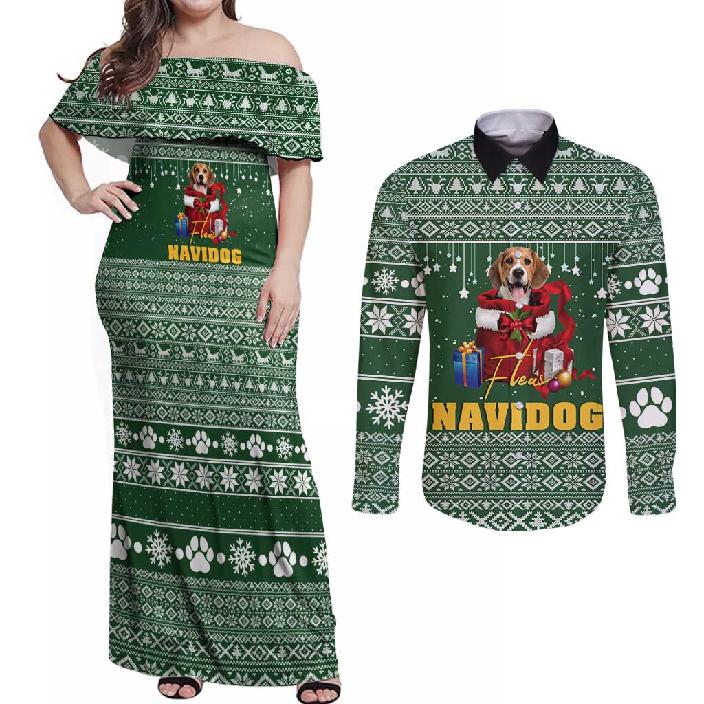 Funny Christmas Gift Beagle Christmas Couples Matching Off Shoulder Maxi Dress and Long Sleeve Button Shirt Xmas Holiday Patterns - Wonder Print Shop