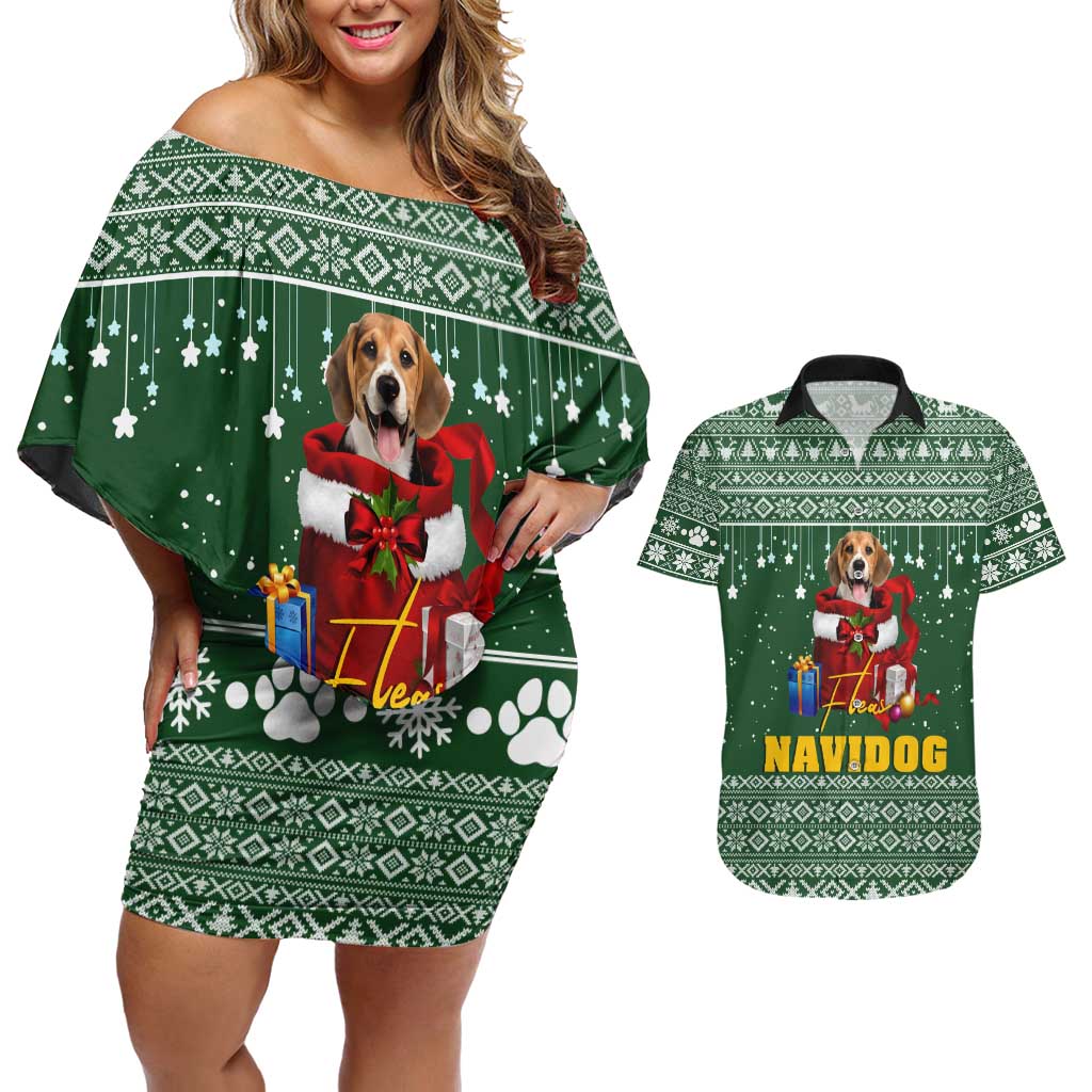 Funny Christmas Gift Beagle Christmas Couples Matching Off Shoulder Short Dress and Hawaiian Shirt Xmas Holiday Patterns - Wonder Print Shop