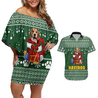 Funny Christmas Gift Beagle Christmas Couples Matching Off Shoulder Short Dress and Hawaiian Shirt Xmas Holiday Patterns - Wonder Print Shop