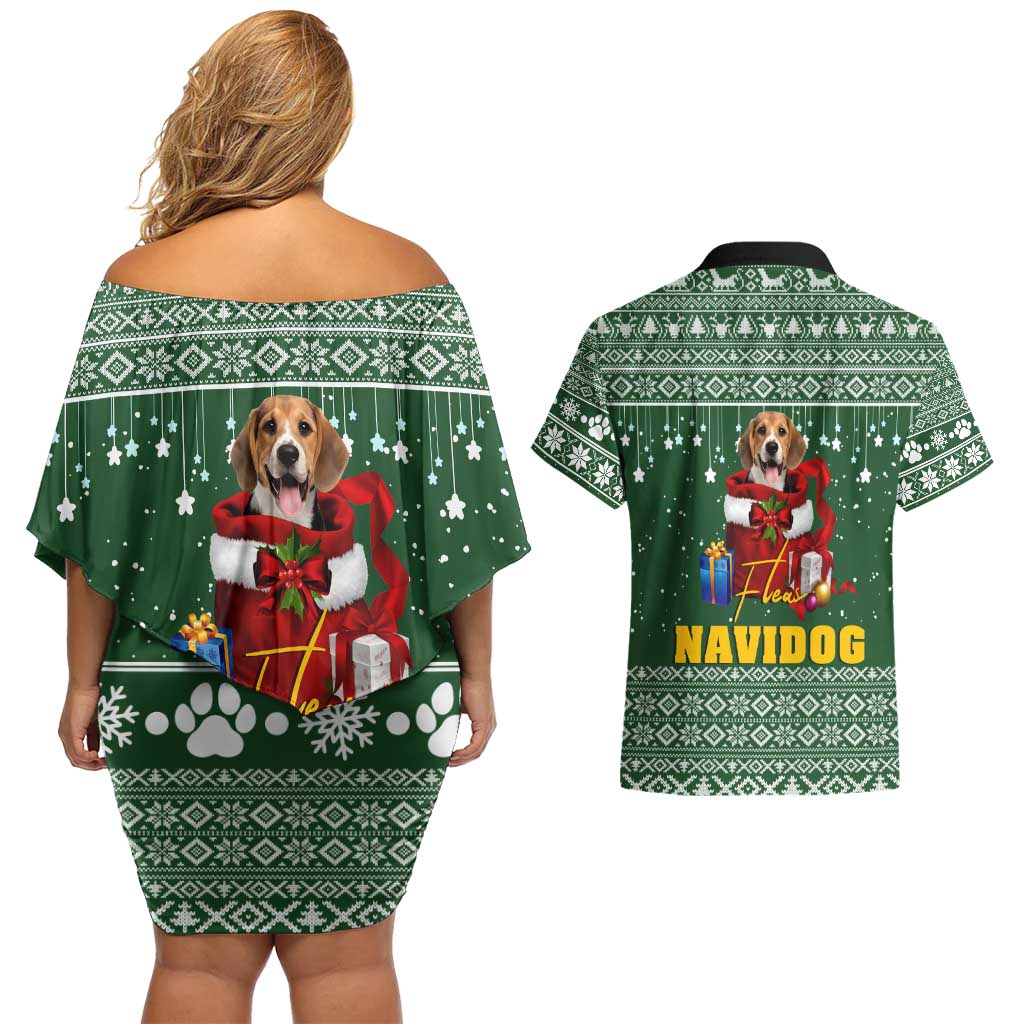 Funny Christmas Gift Beagle Christmas Couples Matching Off Shoulder Short Dress and Hawaiian Shirt Xmas Holiday Patterns - Wonder Print Shop