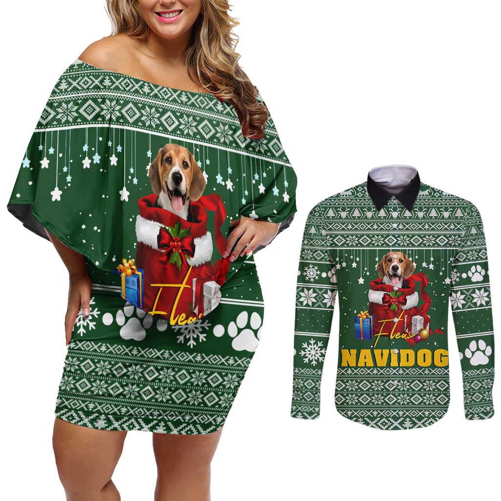 Funny Christmas Gift Beagle Christmas Couples Matching Off Shoulder Short Dress and Long Sleeve Button Shirt Xmas Holiday Patterns - Wonder Print Shop