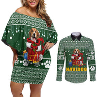 Funny Christmas Gift Beagle Christmas Couples Matching Off Shoulder Short Dress and Long Sleeve Button Shirt Xmas Holiday Patterns - Wonder Print Shop