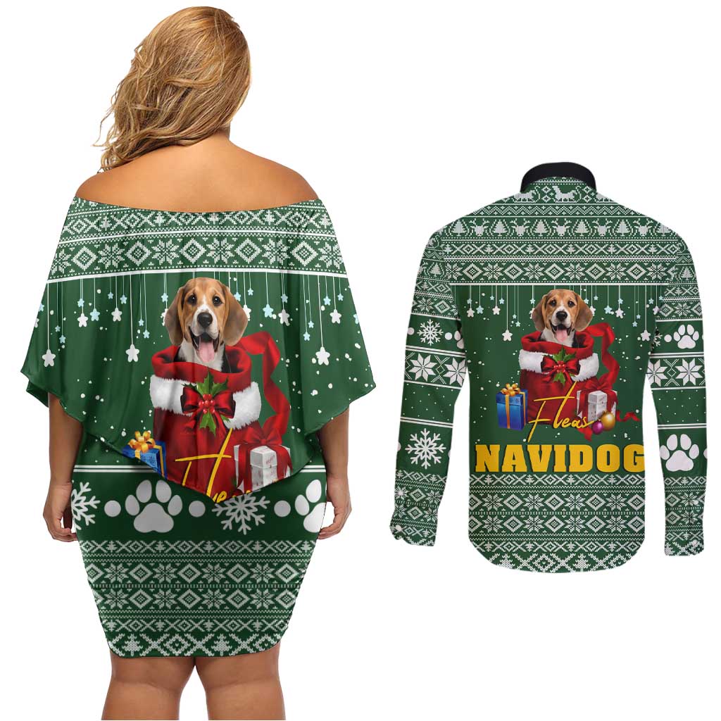 Funny Christmas Gift Beagle Christmas Couples Matching Off Shoulder Short Dress and Long Sleeve Button Shirt Xmas Holiday Patterns - Wonder Print Shop