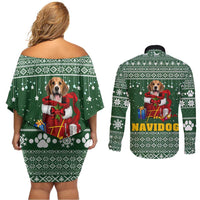 Funny Christmas Gift Beagle Christmas Couples Matching Off Shoulder Short Dress and Long Sleeve Button Shirt Xmas Holiday Patterns - Wonder Print Shop