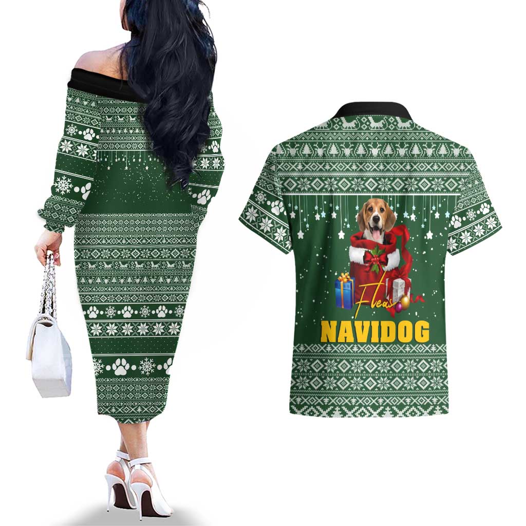 Funny Christmas Gift Beagle Christmas Couples Matching Off The Shoulder Long Sleeve Dress and Hawaiian Shirt Xmas Holiday Patterns - Wonder Print Shop