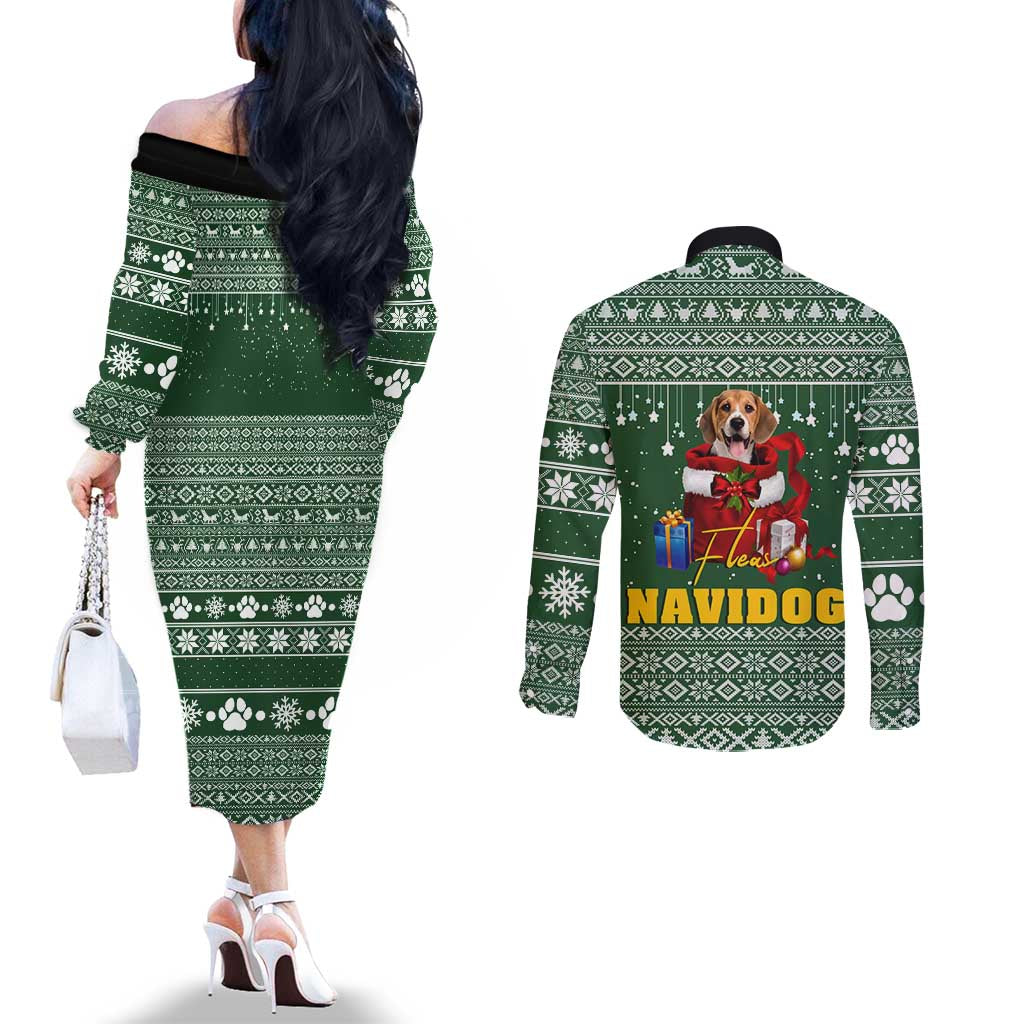 Funny Christmas Gift Beagle Christmas Couples Matching Off The Shoulder Long Sleeve Dress and Long Sleeve Button Shirt Xmas Holiday Patterns - Wonder Print Shop