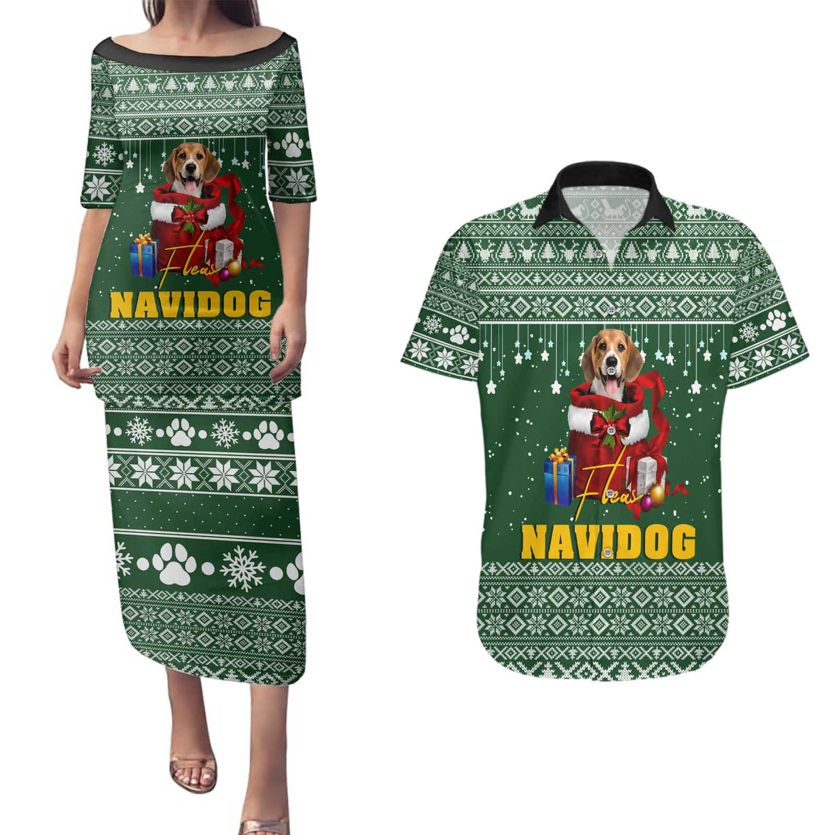 Funny Christmas Gift Beagle Christmas Couples Matching Puletasi and Hawaiian Shirt Xmas Holiday Patterns - Wonder Print Shop