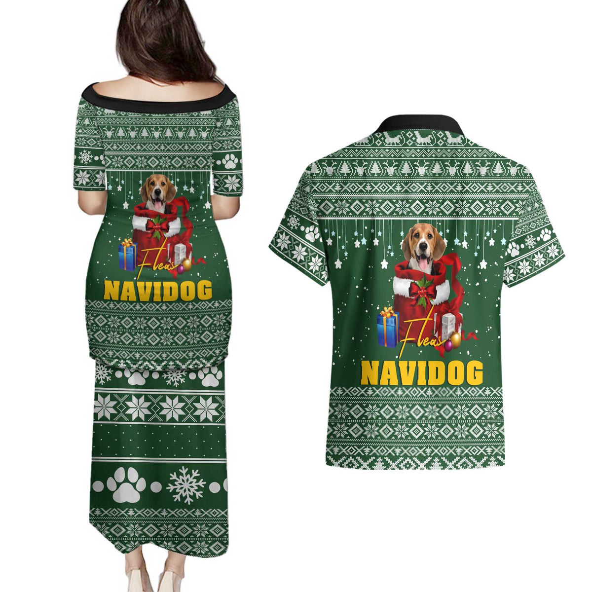 Funny Christmas Gift Beagle Christmas Couples Matching Puletasi and Hawaiian Shirt Xmas Holiday Patterns - Wonder Print Shop