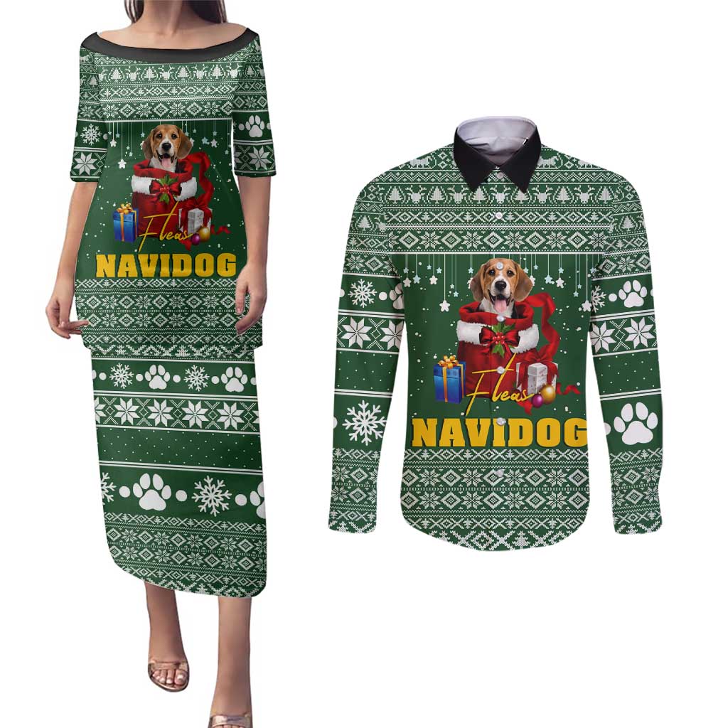 Funny Christmas Gift Beagle Christmas Couples Matching Puletasi and Long Sleeve Button Shirt Xmas Holiday Patterns - Wonder Print Shop