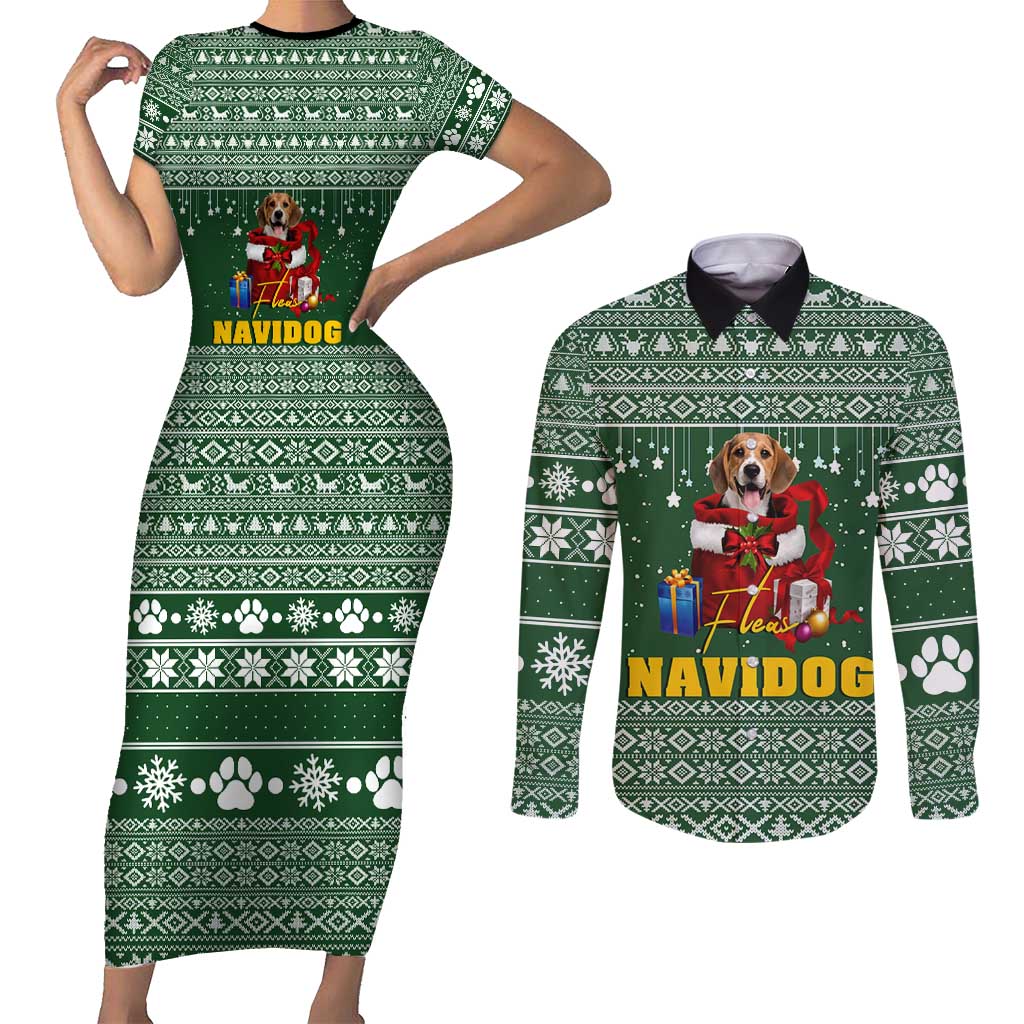 Funny Christmas Gift Beagle Christmas Couples Matching Short Sleeve Bodycon Dress and Long Sleeve Button Shirt Xmas Holiday Patterns - Wonder Print Shop