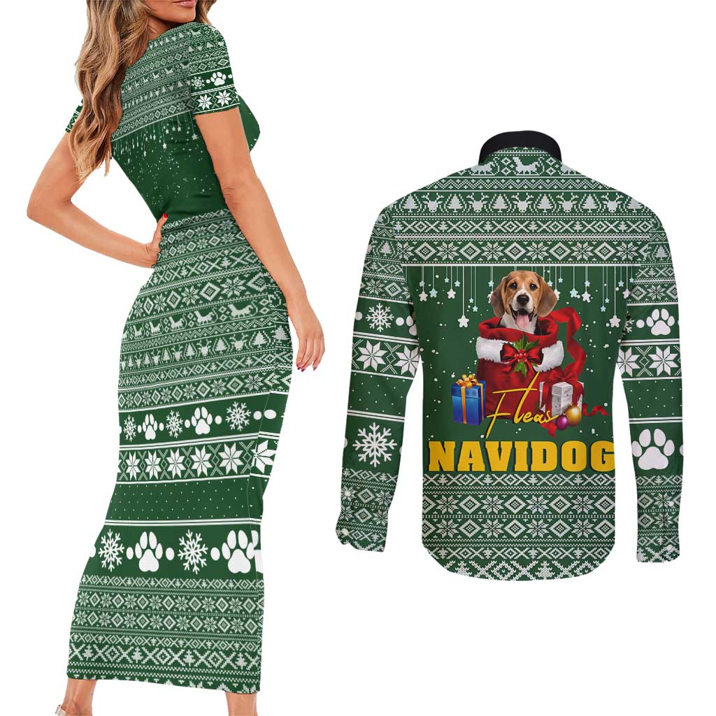 Funny Christmas Gift Beagle Christmas Couples Matching Short Sleeve Bodycon Dress and Long Sleeve Button Shirt Xmas Holiday Patterns - Wonder Print Shop