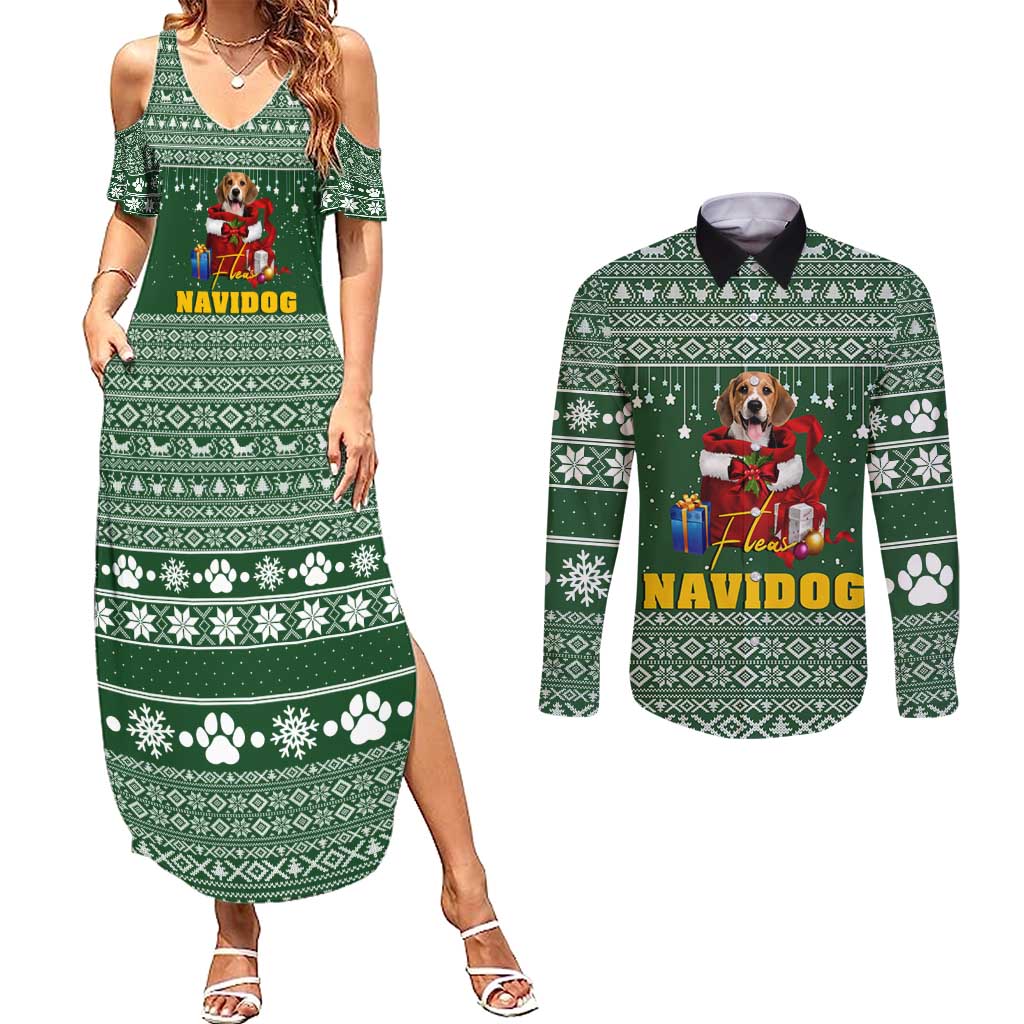 Funny Christmas Gift Beagle Christmas Couples Matching Summer Maxi Dress and Long Sleeve Button Shirt Xmas Holiday Patterns - Wonder Print Shop