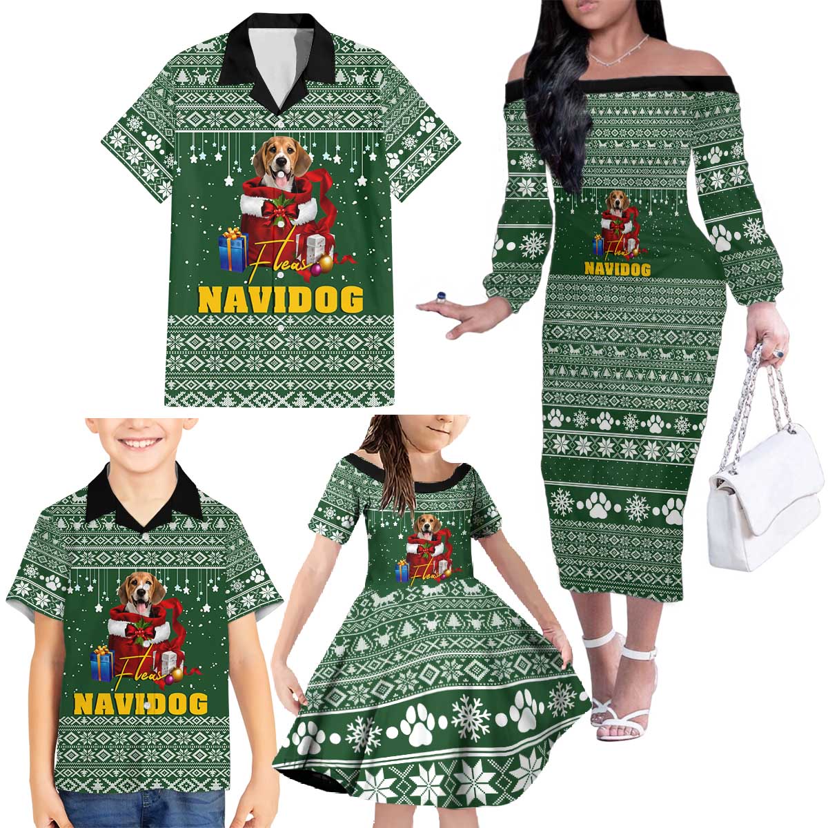 Funny Christmas Gift Beagle Christmas Family Matching Off The Shoulder Long Sleeve Dress and Hawaiian Shirt Xmas Holiday Patterns - Wonder Print Shop