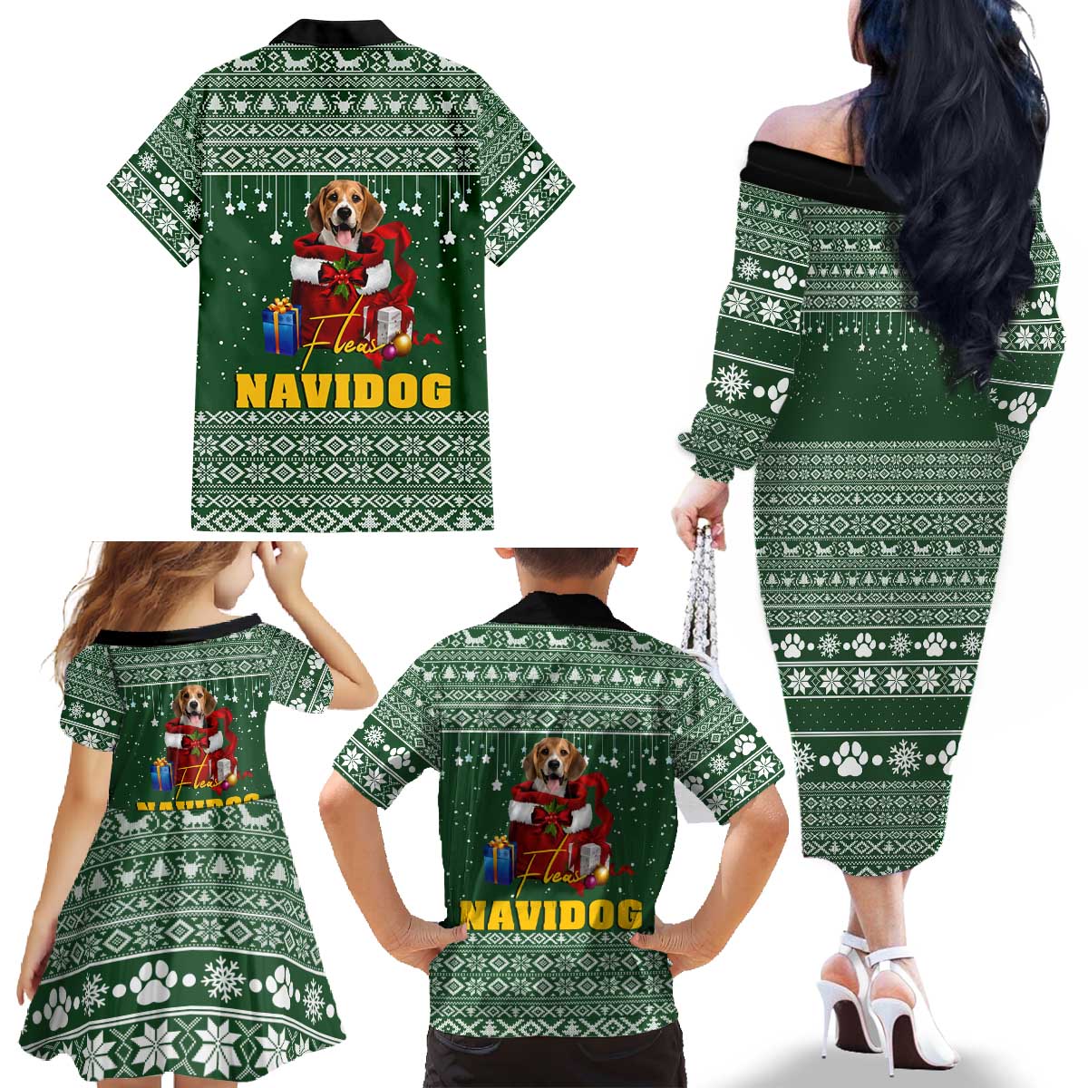 Funny Christmas Gift Beagle Christmas Family Matching Off The Shoulder Long Sleeve Dress and Hawaiian Shirt Xmas Holiday Patterns - Wonder Print Shop