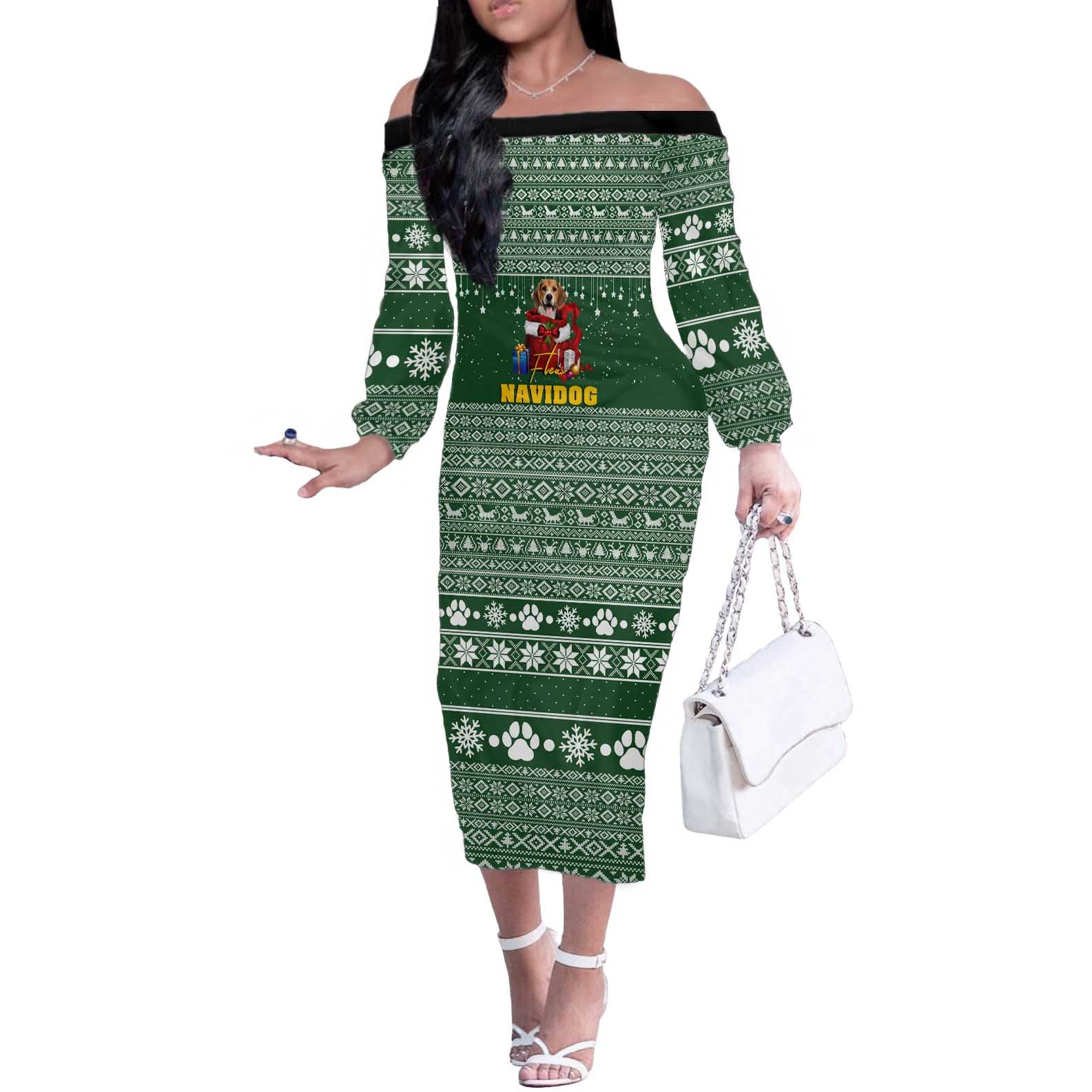 Funny Christmas Gift Beagle Christmas Off The Shoulder Long Sleeve Dress Xmas Holiday Patterns - Wonder Print Shop