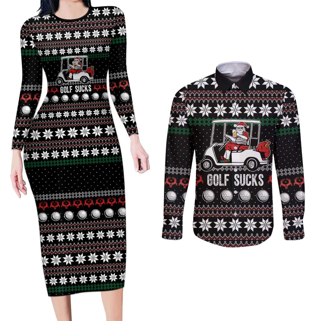 Golf Sucks Christmas Couples Matching Long Sleeve Bodycon Dress and Long Sleeve Button Shirt Xmas Holiday Patterns - Wonder Print Shop
