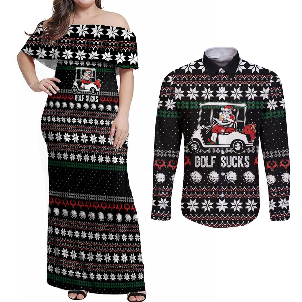 Golf Sucks Christmas Couples Matching Off Shoulder Maxi Dress and Long Sleeve Button Shirt Xmas Holiday Patterns - Wonder Print Shop