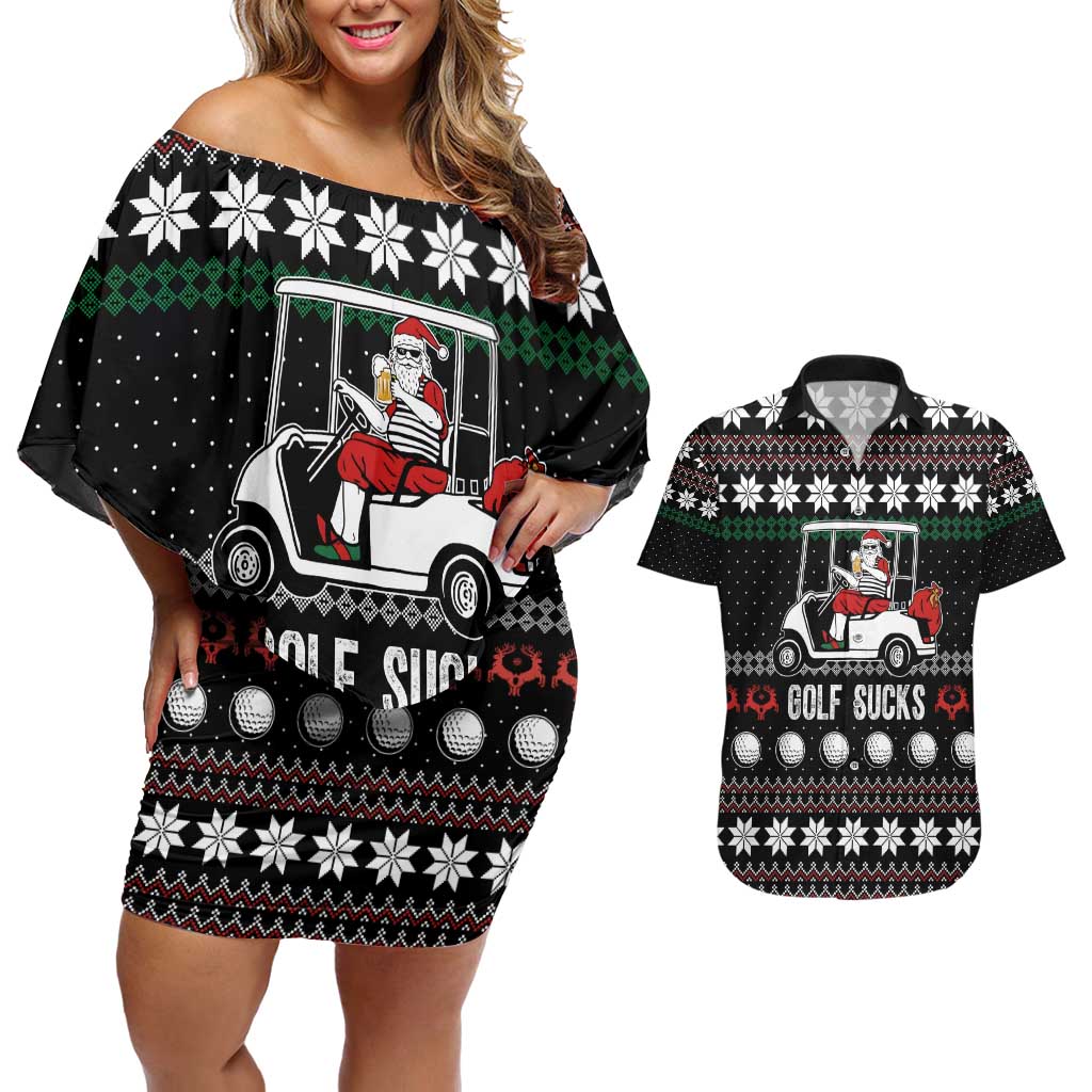 Golf Sucks Christmas Couples Matching Off Shoulder Short Dress and Hawaiian Shirt Xmas Holiday Patterns - Wonder Print Shop