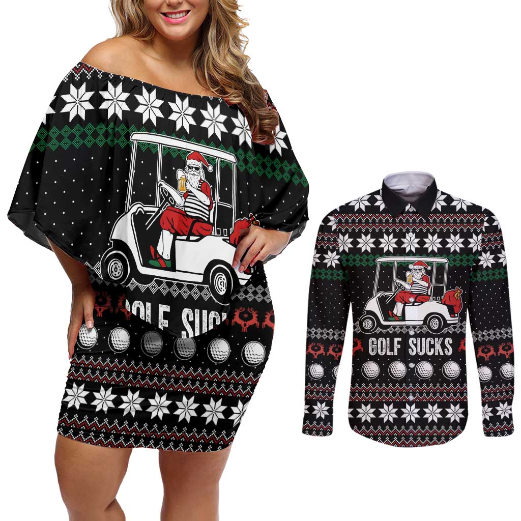 Golf Sucks Christmas Couples Matching Off Shoulder Short Dress and Long Sleeve Button Shirt Xmas Holiday Patterns - Wonder Print Shop