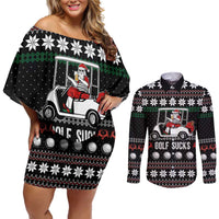 Golf Sucks Christmas Couples Matching Off Shoulder Short Dress and Long Sleeve Button Shirt Xmas Holiday Patterns - Wonder Print Shop