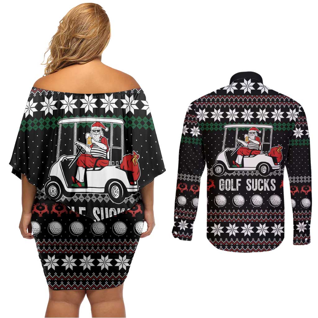 Golf Sucks Christmas Couples Matching Off Shoulder Short Dress and Long Sleeve Button Shirt Xmas Holiday Patterns - Wonder Print Shop