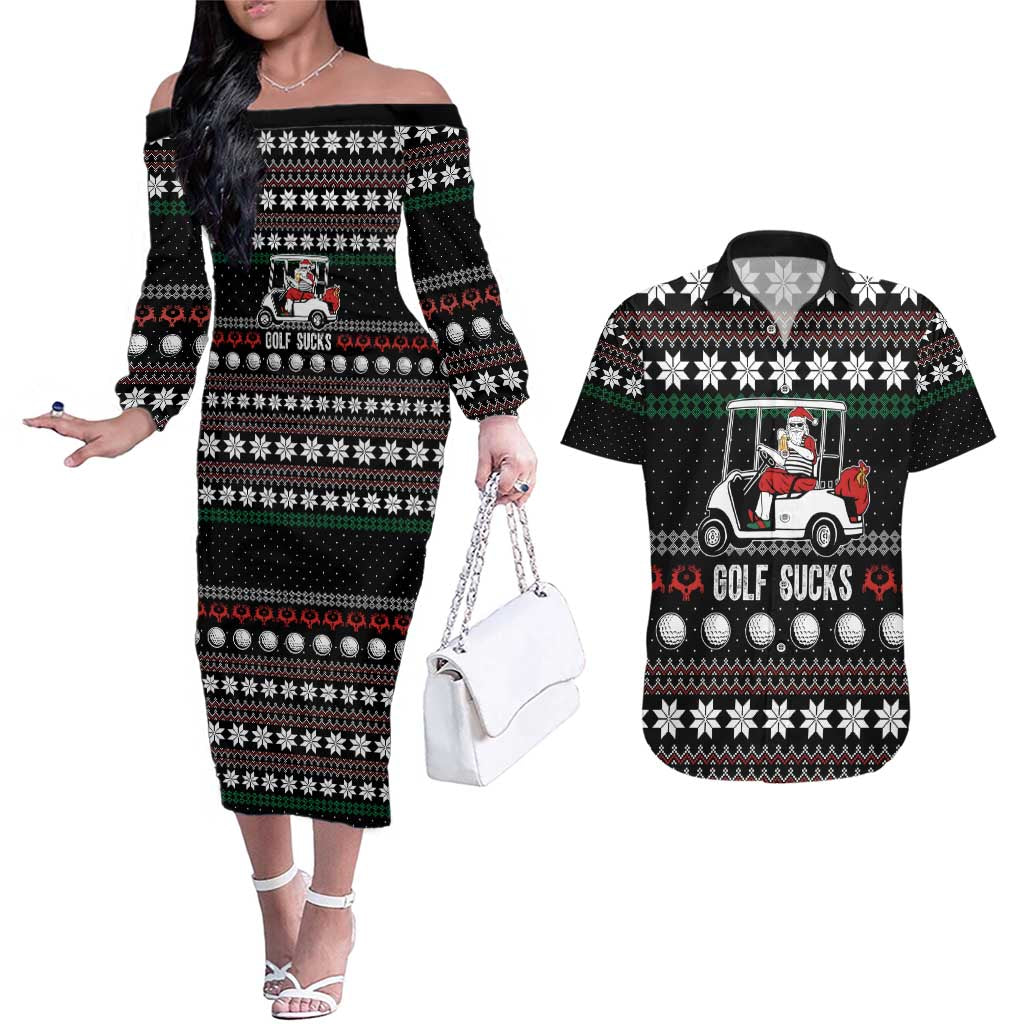 Golf Sucks Christmas Couples Matching Off The Shoulder Long Sleeve Dress and Hawaiian Shirt Xmas Holiday Patterns - Wonder Print Shop