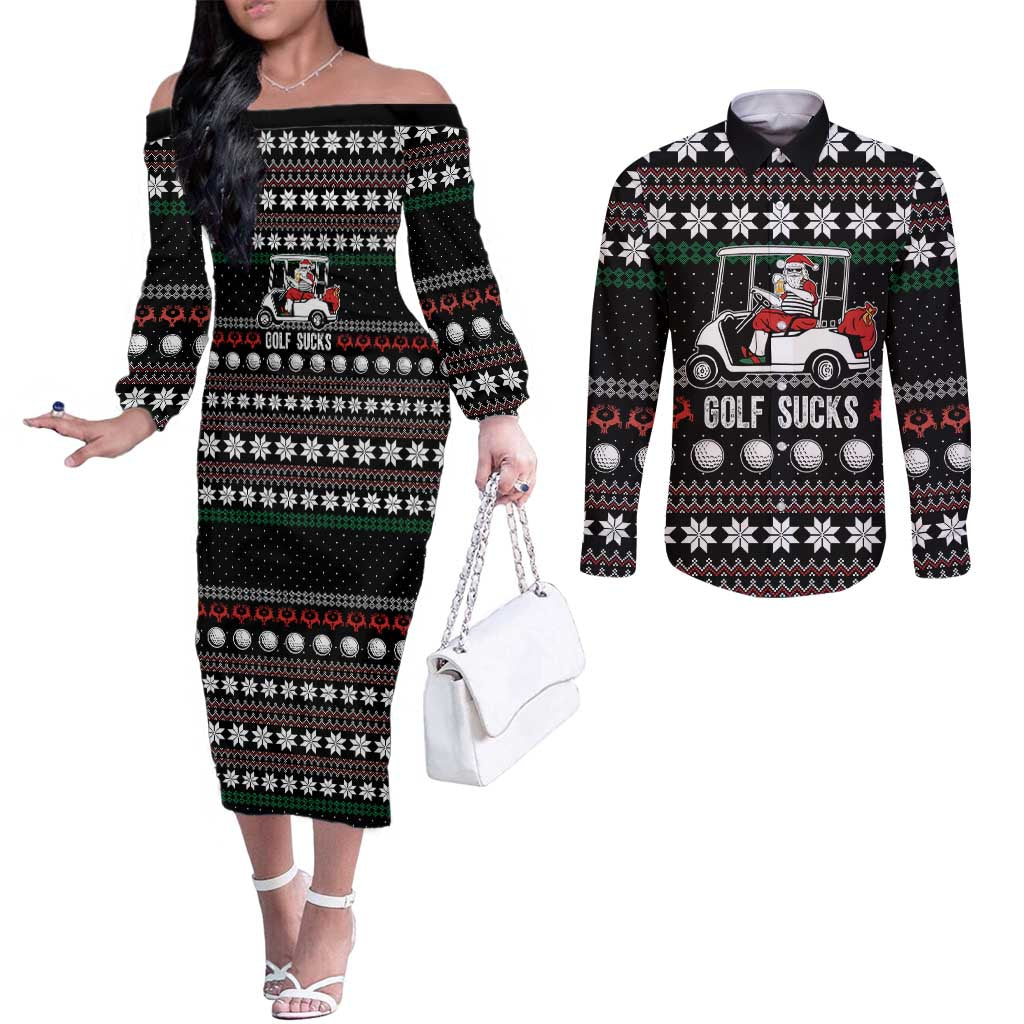 Golf Sucks Christmas Couples Matching Off The Shoulder Long Sleeve Dress and Long Sleeve Button Shirt Xmas Holiday Patterns - Wonder Print Shop