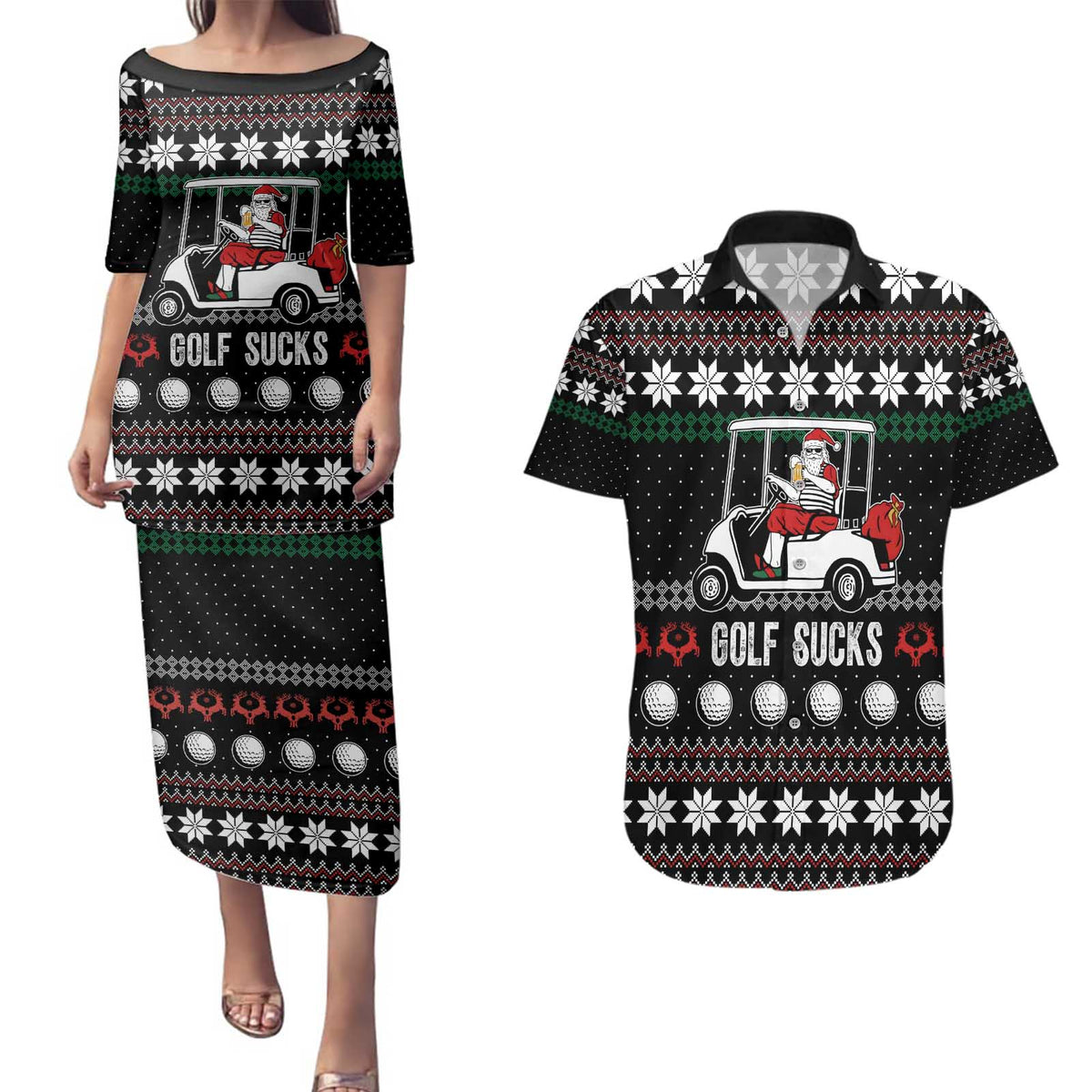 Golf Sucks Christmas Couples Matching Puletasi and Hawaiian Shirt Xmas Holiday Patterns - Wonder Print Shop