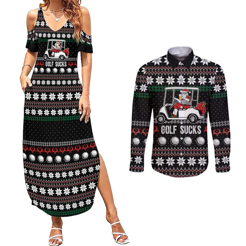 Golf Sucks Christmas Couples Matching Summer Maxi Dress and Long Sleeve Button Shirt Xmas Holiday Patterns - Wonder Print Shop