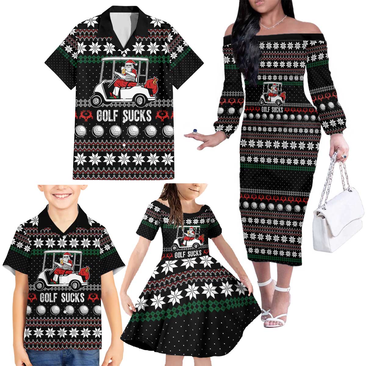 Golf Sucks Christmas Family Matching Off The Shoulder Long Sleeve Dress and Hawaiian Shirt Xmas Holiday Patterns - Wonder Print Shop