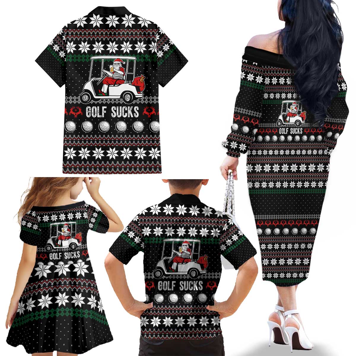 Golf Sucks Christmas Family Matching Off The Shoulder Long Sleeve Dress and Hawaiian Shirt Xmas Holiday Patterns - Wonder Print Shop