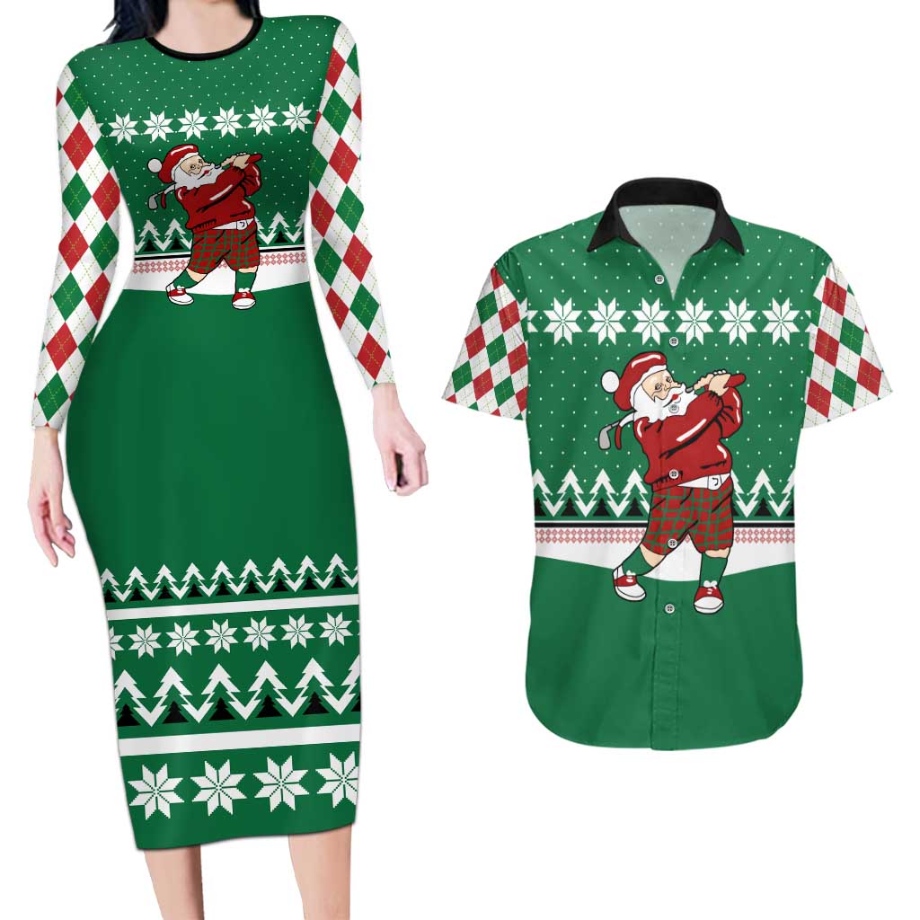 Golfer Santa Christmas Couples Matching Long Sleeve Bodycon Dress and Hawaiian Shirt Xmas Holiday Patterns - Wonder Print Shop