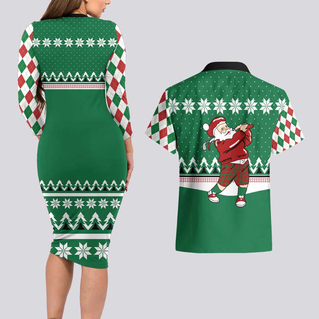 Golfer Santa Christmas Couples Matching Long Sleeve Bodycon Dress and Hawaiian Shirt Xmas Holiday Patterns - Wonder Print Shop