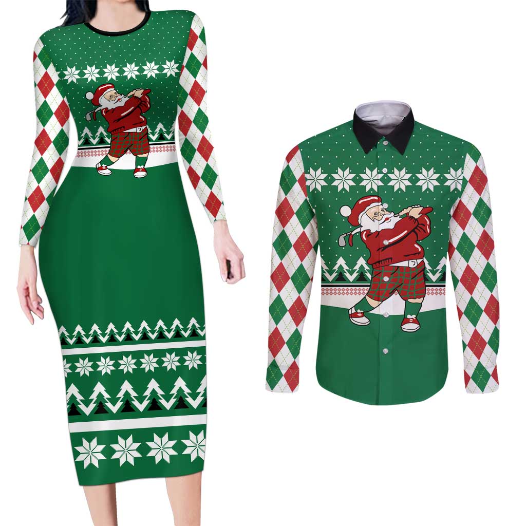 Golfer Santa Christmas Couples Matching Long Sleeve Bodycon Dress and Long Sleeve Button Shirt Xmas Holiday Patterns - Wonder Print Shop